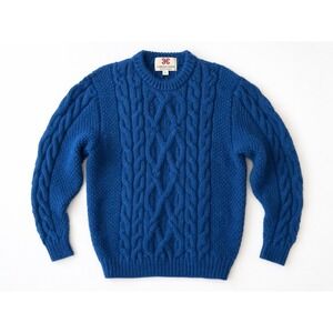 Carraig Donn Irish Wool Sweater Blue Cable Knit Aran Made Ireland L